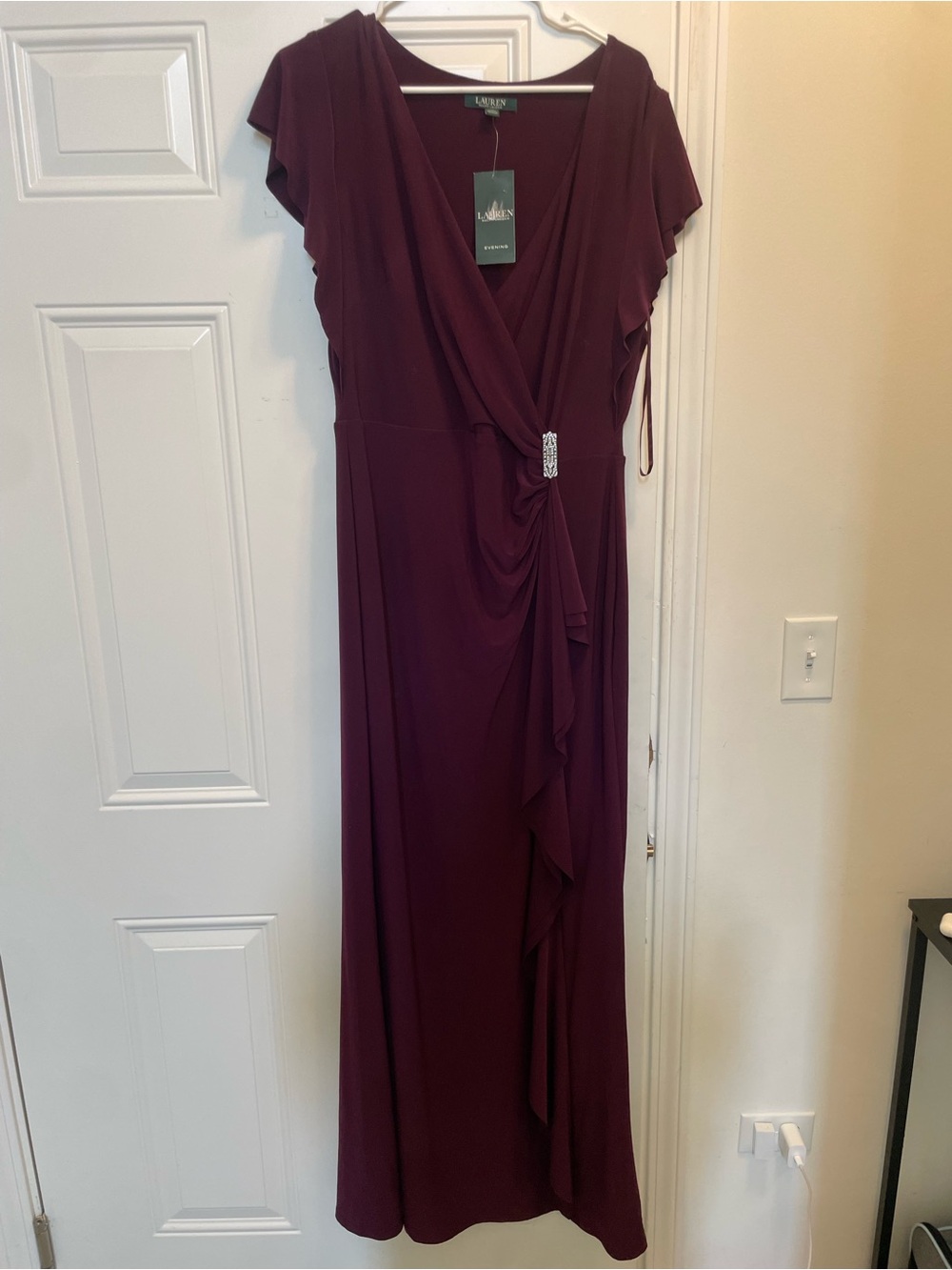 NWT - Ralph Lauren Burgundy Faux-Wrap Maxi Evening Dress with Rhinestone Size 14